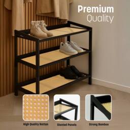 Keplin 3 Tier Bamboo & Rattan Shoe Organiser Rack - Durable, Easy Assembly in Black - thumbnail 4