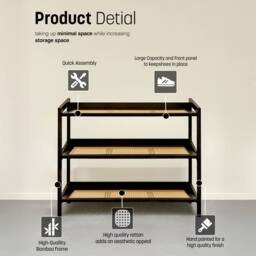 Keplin 3 Tier Bamboo & Rattan Shoe Organiser Rack - Durable, Easy Assembly in Black - thumbnail 5