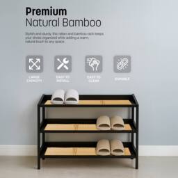 Keplin 3 Tier Bamboo & Rattan Shoe Organiser Rack - Durable, Easy Assembly in Black - thumbnail 8