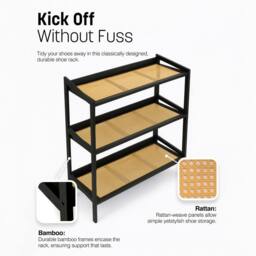 Keplin 3 Tier Bamboo & Rattan Shoe Organiser Rack - Durable, Easy Assembly in Black - thumbnail 6