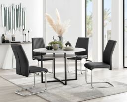 FurnitureboxUK Adley Grey Concrete Effect Round Dining Table & 4 Lorenzo Faux Leather Chairs in Black - thumbnail 1