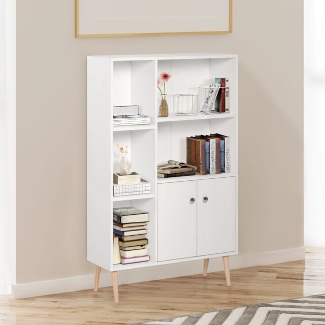 HOMCOM Bookcase Storage Cabinet Shelves Unit Free Standing Two Doors Wooden in White - image 1