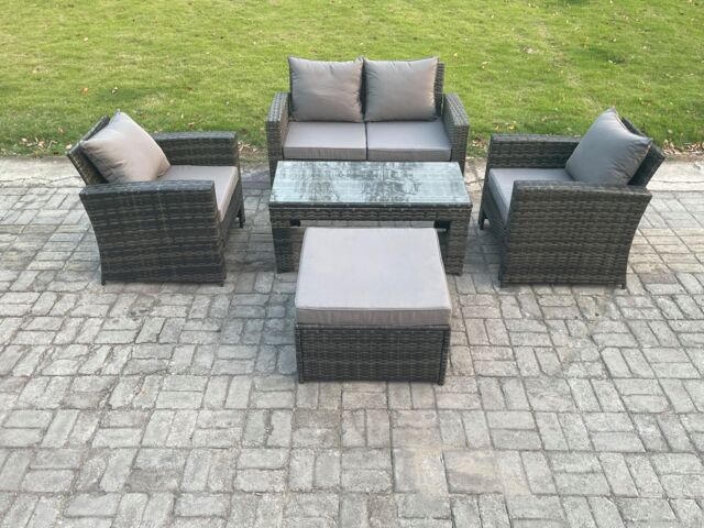 Fimous Outdoor Rattan Garden Furniture Set 5 Seater Patio Lounge Sofa Set with Coffee Table Big Footstool in Dark Grey