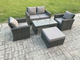 Fimous Outdoor Rattan Garden Furniture Set 5 Seater Patio Lounge Sofa Set with Coffee Table Big Footstool in Dark Grey - thumbnail 2