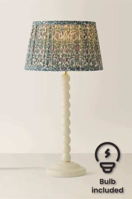 ValueLights Bobbin Floral Printed Pleated Shade Cream Bobble Table Lamp with Bulb in Dark Green - image 1