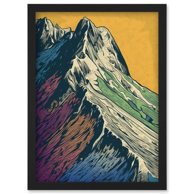 Artery8 Multicoloured Mountain Range Peaks Pop Art Linocut Artwork Framed Wall Art Print A4 in Black - image 1
