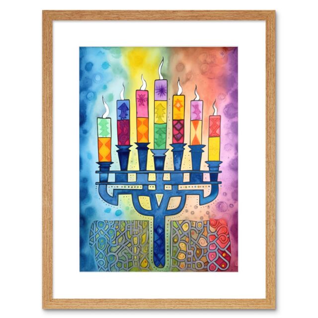 "Artery8 Wall Art Print Jewish Menorah Candles Multicolour Folk Art Watercolour Painting Artwork Framed 9X7 Inch in Beige - Size: W7"" x H9""" - image 1