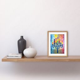 "Artery8 Wall Art Print Jewish Menorah Candles Multicolour Folk Art Watercolour Painting Artwork Framed 9X7 Inch in Beige - Size: W7"" x H9""" - thumbnail 2