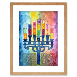 "Artery8 Wall Art Print Jewish Menorah Candles Multicolour Folk Art Watercolour Painting Artwork Framed 9X7 Inch in Beige - Size: W7"" x H9""" - thumbnail 1