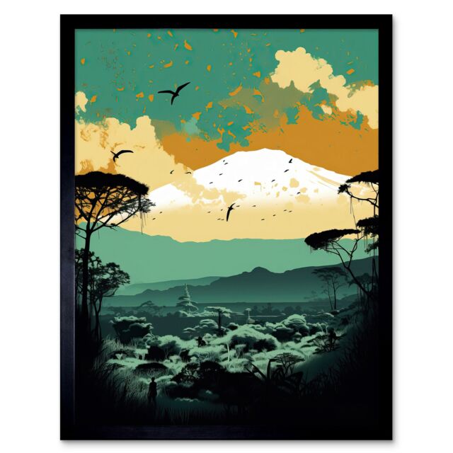 "Artery8 Wall Art Print Mount Fuji Sunrise Landscape in Teal Blue & Tan Art Framed in Black - Size: W12"" x H16""" - image 1