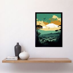 "Artery8 Wall Art Print Mount Fuji Sunrise Landscape in Teal Blue & Tan Art Framed in Black - Size: W12"" x H16""" - thumbnail 2