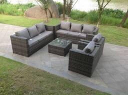 Fimous 8 Seater Outdoor Rattan Garden Furniture Lounge Sofa Chair Table Set In Dark Grey - thumbnail 4