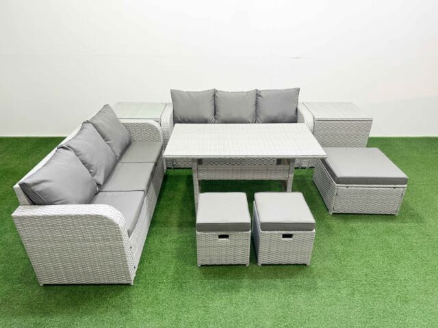 Fimous Outdoor Garden Furniture Sets 9 Seater Wicker Rattan Furniture Sofa Sets w/ Rectangular Dining Table high Back Lounge Sofa 3 Stools 2 Side - image 1