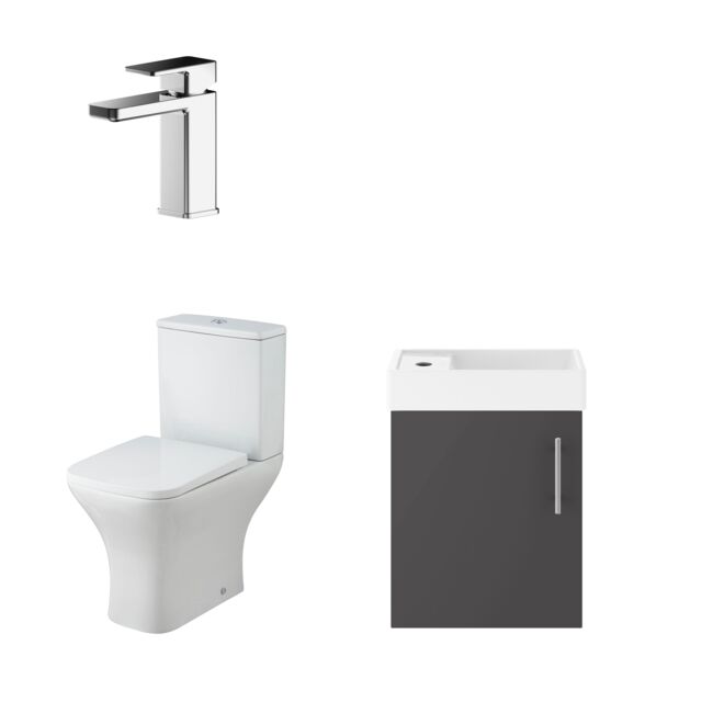Balterley Wall Hung Vanity, Toilet, Cistern, Seat & Mini Tap - Gloss Grey/Chrome in Black - image 1