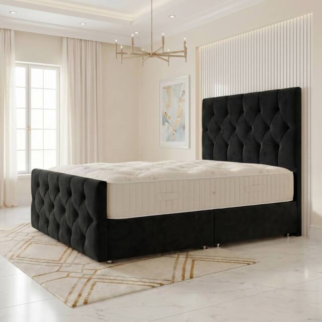 "Somnior Ziggy Velvet Divan Bed Mattress No Draw 54"" Headboard 22"" Footboard in Black - Size: Small Single" - image 1