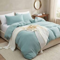 Pamposh Pre Washed Microfibre Duvet Cover Sets in Pale Green - Size: Double - thumbnail 1