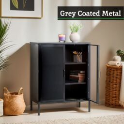 Orsina Industrial Two Door Grey Metal Cabinet, Stylish Storage Cabinet For Bedroom, Contemporary Sideboard Cabinet - thumbnail 6