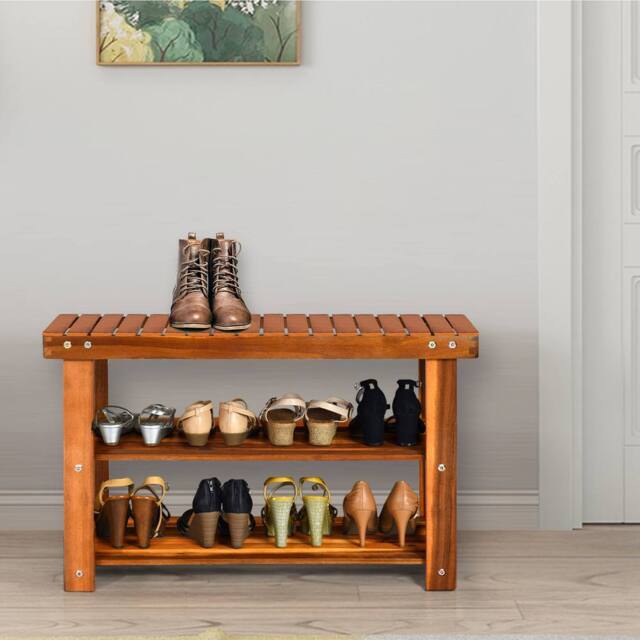 Costway Acacia Wood Shoe Rack Bench 3-Tier Shoe Organizer 70x28x45cm in Brown - Size: 70 x 28 x 45 cm - image 1