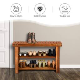 Costway Acacia Wood Shoe Rack Bench 3-Tier Shoe Organizer 70x28x45cm in Brown - Size: 70 x 28 x 45 cm - thumbnail 9