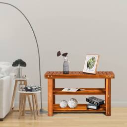Costway Acacia Wood Shoe Rack Bench 3-Tier Shoe Organizer 70x28x45cm in Brown - Size: 70 x 28 x 45 cm - thumbnail 5
