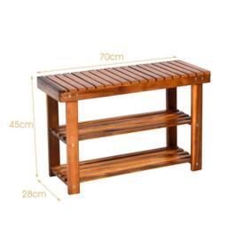 Costway Acacia Wood Shoe Rack Bench 3-Tier Shoe Organizer 70x28x45cm in Brown - Size: 70 x 28 x 45 cm - thumbnail 2