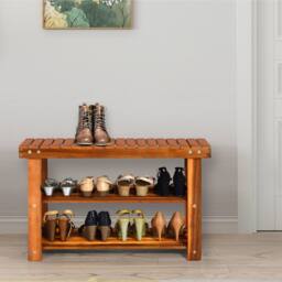 Costway Acacia Wood Shoe Rack Bench 3-Tier Shoe Organizer 70x28x45cm in Brown - Size: 70 x 28 x 45 cm - thumbnail 1