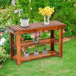 Costway Acacia Wood Shoe Rack Bench 3-Tier Shoe Organizer 70x28x45cm in Brown - Size: 70 x 28 x 45 cm - thumbnail 4