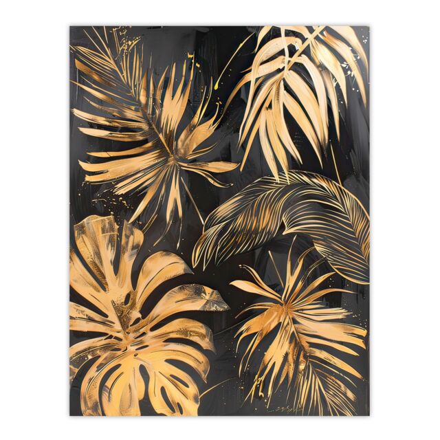 "Artery8 Golden Monstera Leaf Palm Frond Dark Plant Lover Wall Art Print in Gold - Size: W24"" x H32""" - image 1