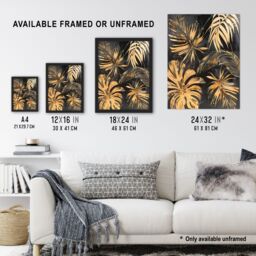 "Artery8 Golden Monstera Leaf Palm Frond Dark Plant Lover Wall Art Print in Gold - Size: W24"" x H32""" - thumbnail 3