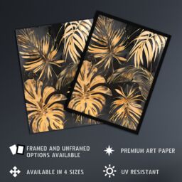 "Artery8 Golden Monstera Leaf Palm Frond Dark Plant Lover Wall Art Print in Gold - Size: W24"" x H32""" - thumbnail 2