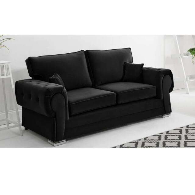 Furniture 786 Chingford Plush Velvet Full Back 3 Seater Sofa in Black - image 1
