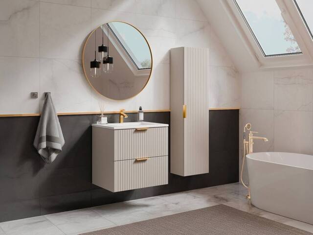 Vente-unique Fluted Bathroom Unit With Inset Basin & Tall Unit - Beige - 60 Cm - image 1