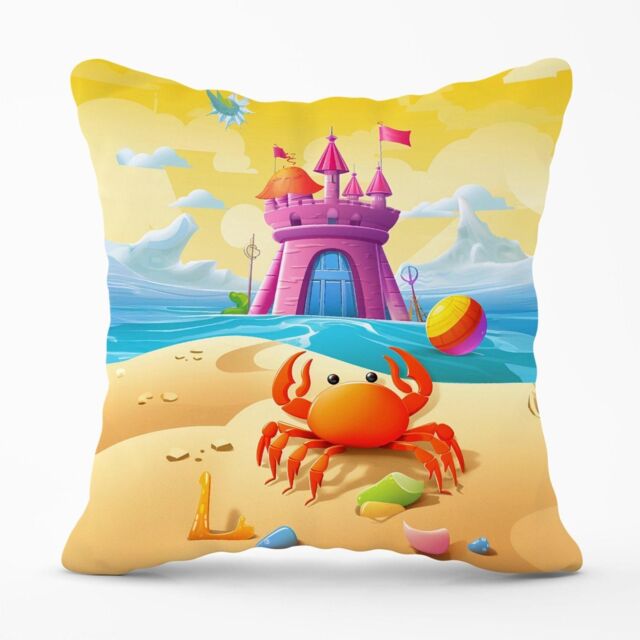 Warren Reed - Designer Orange Crab On A Beach Holiday Outdoor Cushion in Yellow - Size: 45 cm x 45 cm - image 1