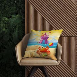 Warren Reed - Designer Orange Crab On A Beach Holiday Outdoor Cushion in Yellow - Size: 45 cm x 45 cm - thumbnail 2