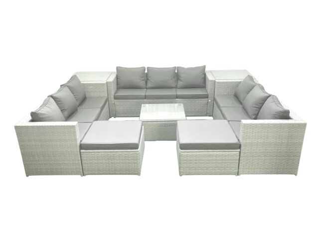 Fimous Rattan Garden Outdoor Furniture Set 11 Seater Rattan Garden Sofa Set with 2 Big Footstools 2 Side Tables Light Grey Mixed - image 1