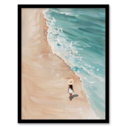 Artery8 Lady in Hat Beach Walk Oil Painting Calm Summer Framed Art Print in Blue - Size: A4 - thumbnail 1