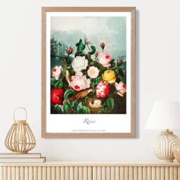 ARTZE Vintage Floral Exhibition - Cottage Roses Framed Print SIZE: A4 with Oak Frame in Red - Size: A3 - thumbnail 2