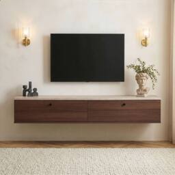 CALICOSY Wall-Mounted TV Unit With 2 Drop-Down Doors, 160 Cm Wide - ROY in Walnut - thumbnail 2