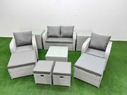 Fimous PE Rattan Love Sofa Reclining Chair Set with 4 Footstools 2 Side Table in Light Grey - thumbnail 2