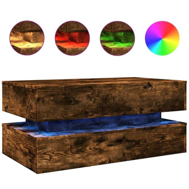 Berkfield Home Coffee Table with LED Lights Smoked Oak 90x50x40 cm in Brown - Size: 90 x 50 x 40 cm - image 1