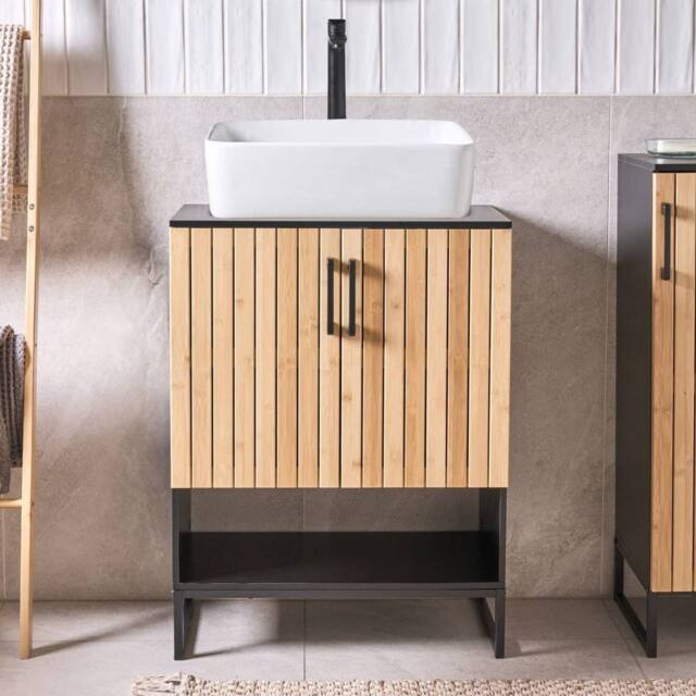 Wyld and Coco Wall Mounted Bathroom Cabinet Light Brown Bamboo Matte Black Steel - image 1