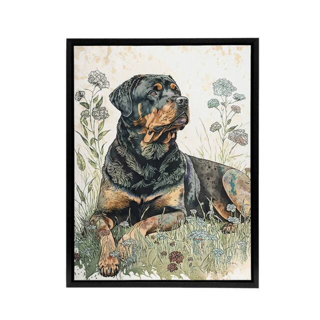 "Artery8 Rottweiler Dog Laying In Wildflowers Framed Canvas Wall Art Print - Size: W12"" x H16""" - image 1
