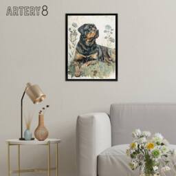 "Artery8 Rottweiler Dog Laying In Wildflowers Framed Canvas Wall Art Print - Size: W12"" x H16""" - thumbnail 3