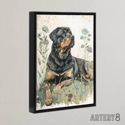 "Artery8 Rottweiler Dog Laying In Wildflowers Framed Canvas Wall Art Print - Size: W12"" x H16""" - thumbnail 2