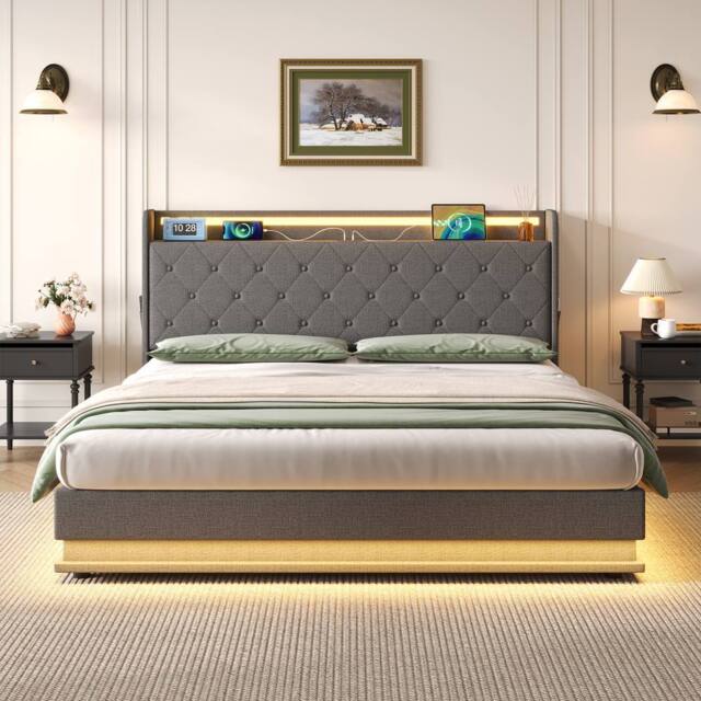 Merax Grey Linen 4ft6 Double Ottoman Bed with LED & Hidden Storage - image 1