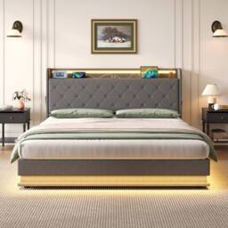 Merax Grey Linen 4ft6 Double Ottoman Bed with LED & Hidden Storage - thumbnail 6