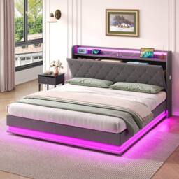 Merax Grey Linen 4ft6 Double Ottoman Bed with LED & Hidden Storage - thumbnail 4