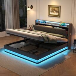 Merax Grey Linen 4ft6 Double Ottoman Bed with LED & Hidden Storage - thumbnail 5