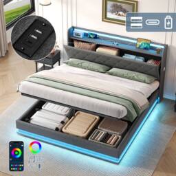 Merax Grey Linen 4ft6 Double Ottoman Bed with LED & Hidden Storage - thumbnail 2