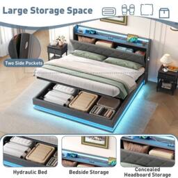 Merax Grey Linen 4ft6 Double Ottoman Bed with LED & Hidden Storage - thumbnail 7
